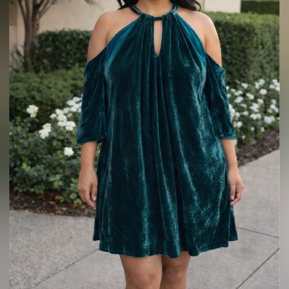 Trina Turk Teal Velvet Cold-Shoulder Dress
